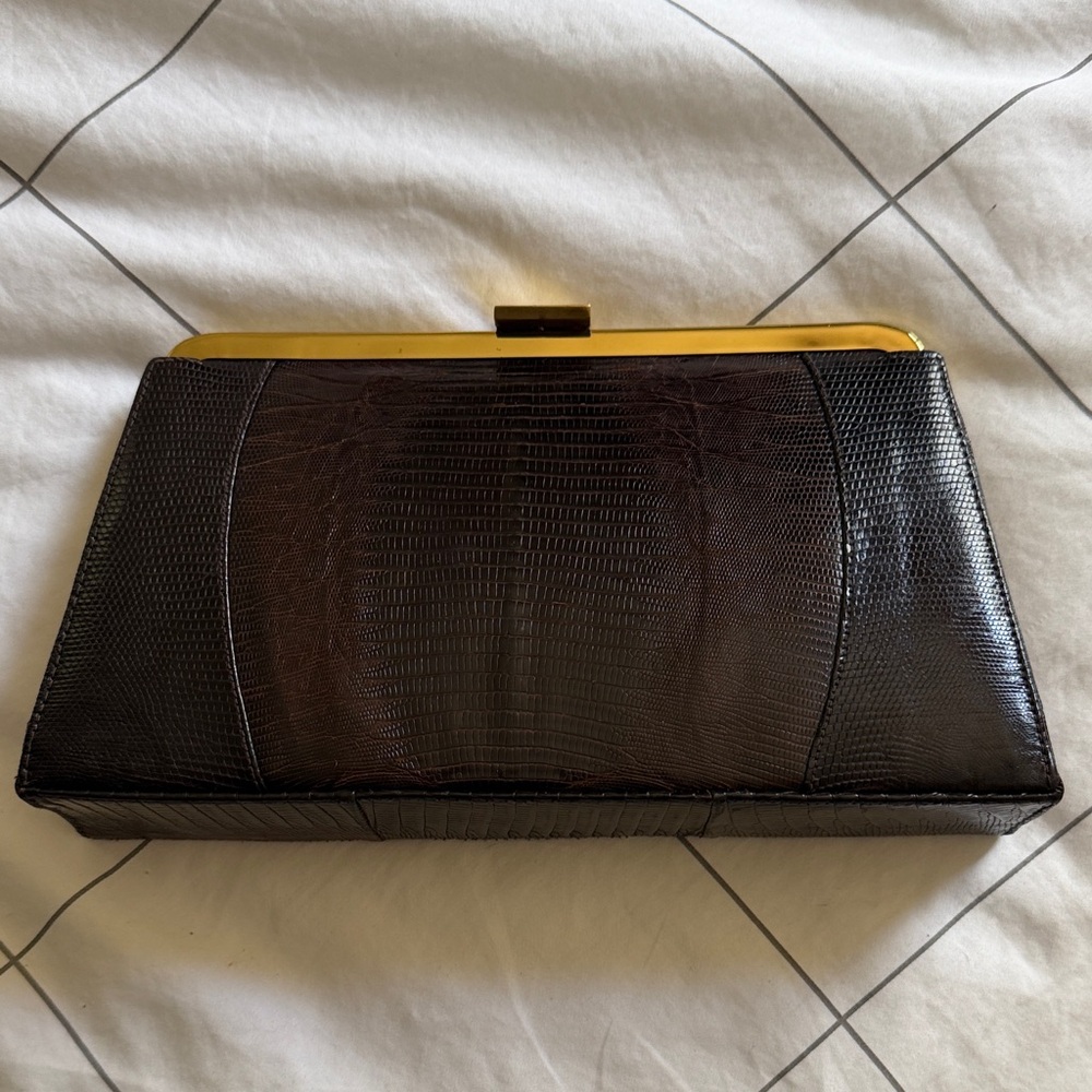 Vintage Brown Lizard Clutch with Gold Frame